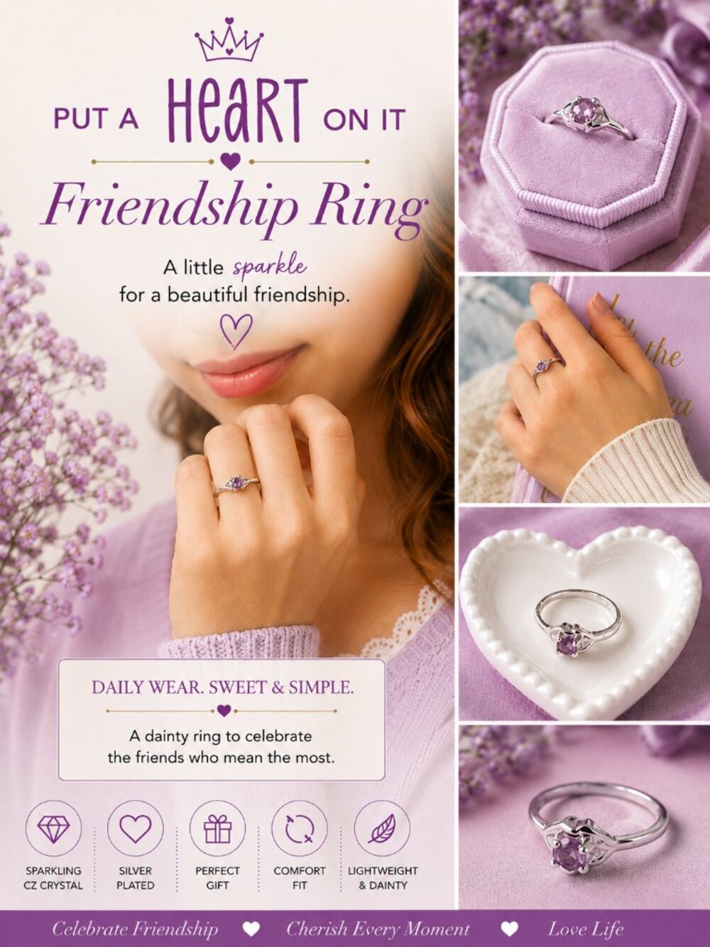 Heart CZ Friendship Ring Silver Plated Size 7